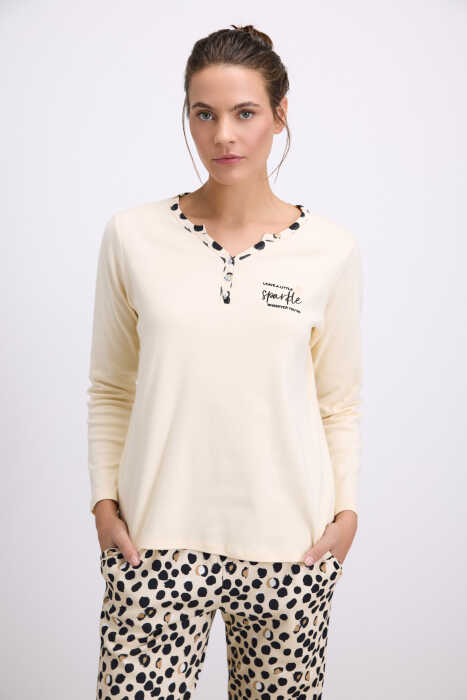 Anıl Kadın Uzun Kollu T-Shirt ve Pantolon Pijama Takımı – %100 Pamuk, Leopar Desen Detaylı 11549 - 2