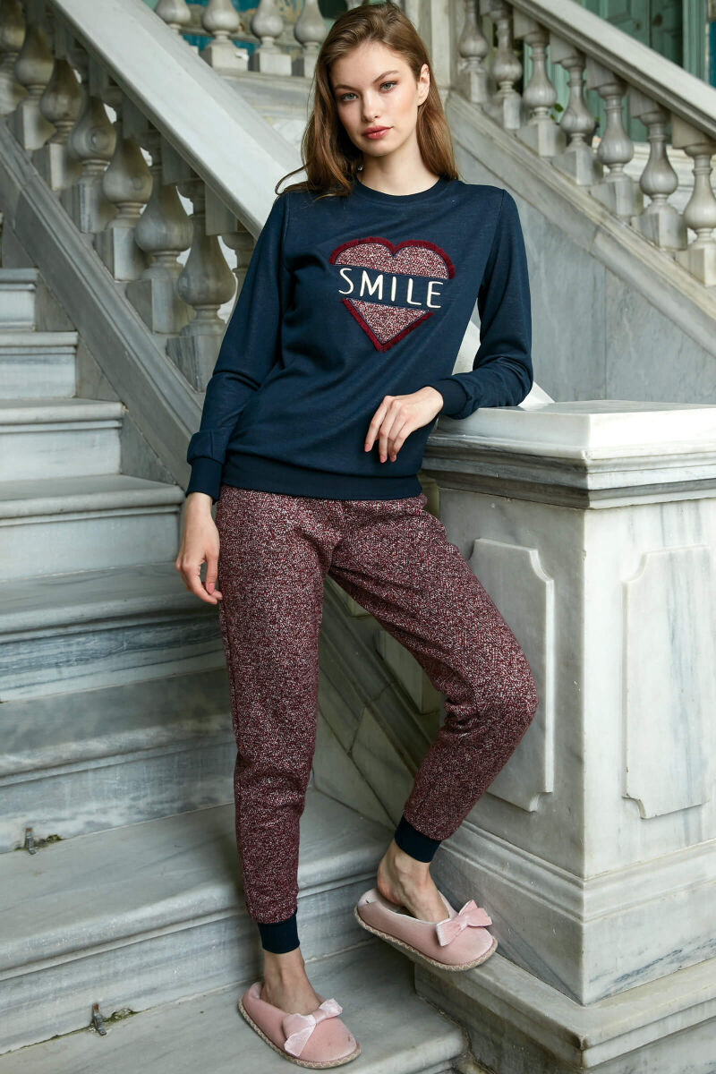 Kadın Viskon Göğüs İşlemeli Uzun Kol Sweatshirt ve Pantolon Pijama Takım (9740) - 1